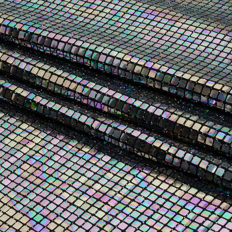 Silver Oil Slick and Black Squares Foiled Stretch Nylon Knit