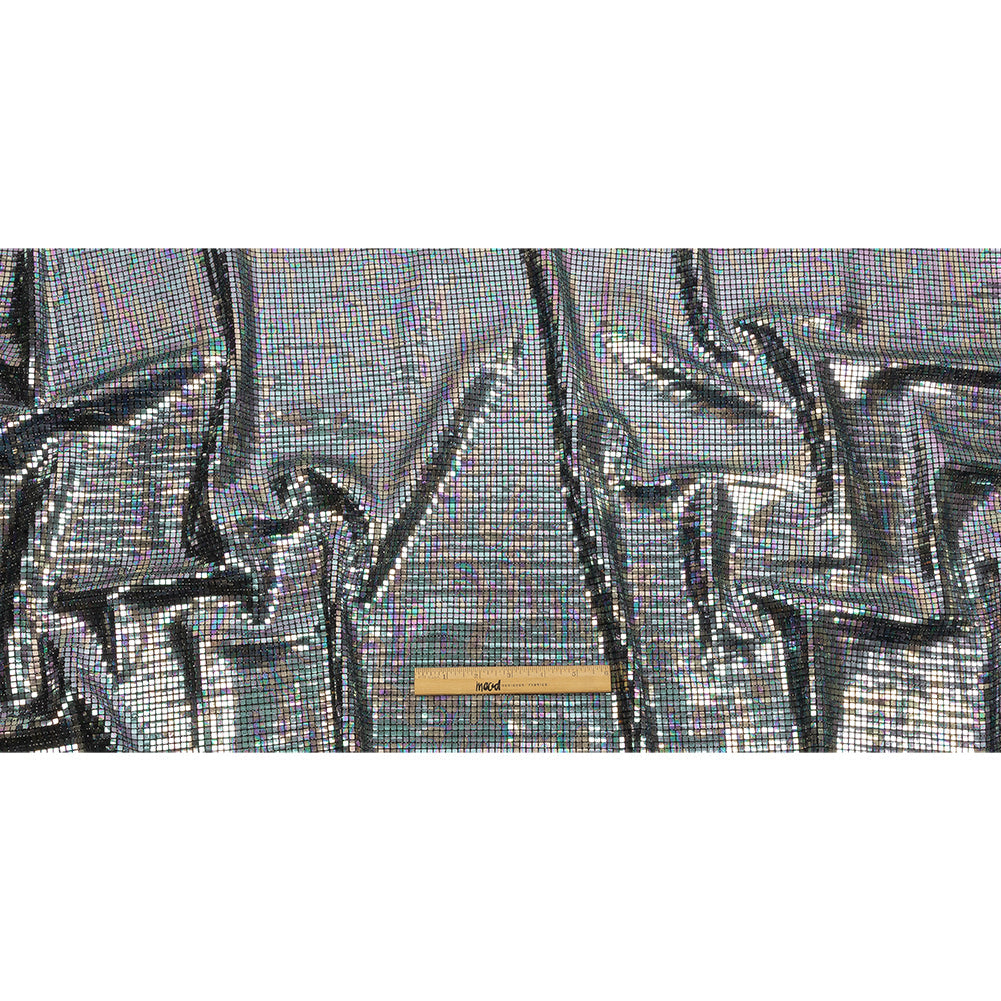 Silver Oil Slick and Black Squares Foiled Stretch Nylon Knit