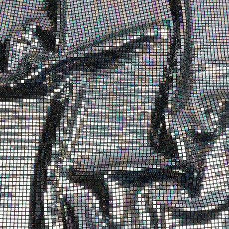 Silver Oil Slick and Black Squares Foiled Stretch Nylon Knit