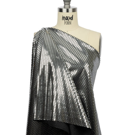 Black and Silver Hexagons Foiled Stretch Polyester Knit