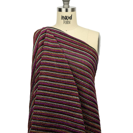 Pleated Polyester Knit - Pink, Silver and Gold Metallic Stripes