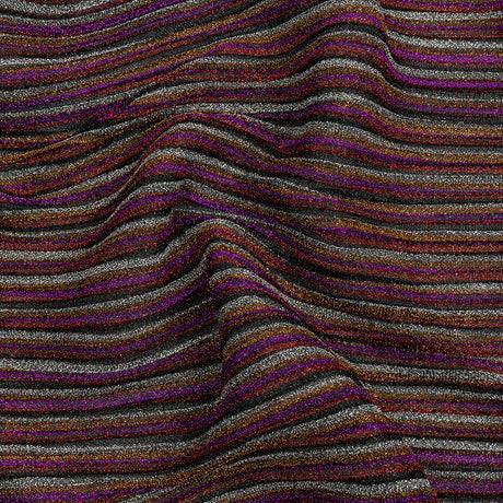 Pleated Polyester Knit - Pink, Silver and Gold Metallic Stripes