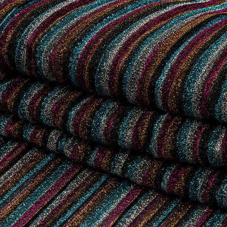 Pleated Polyester Knit - Turquoise, Pink and Silver Metallic Stripes