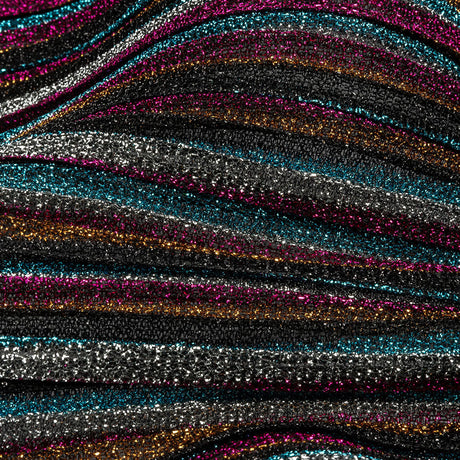 Pleated Polyester Knit - Turquoise, Pink and Silver Metallic Stripes