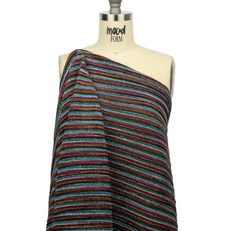 Pleated Polyester Knit - Turquoise, Pink and Silver Metallic Stripes