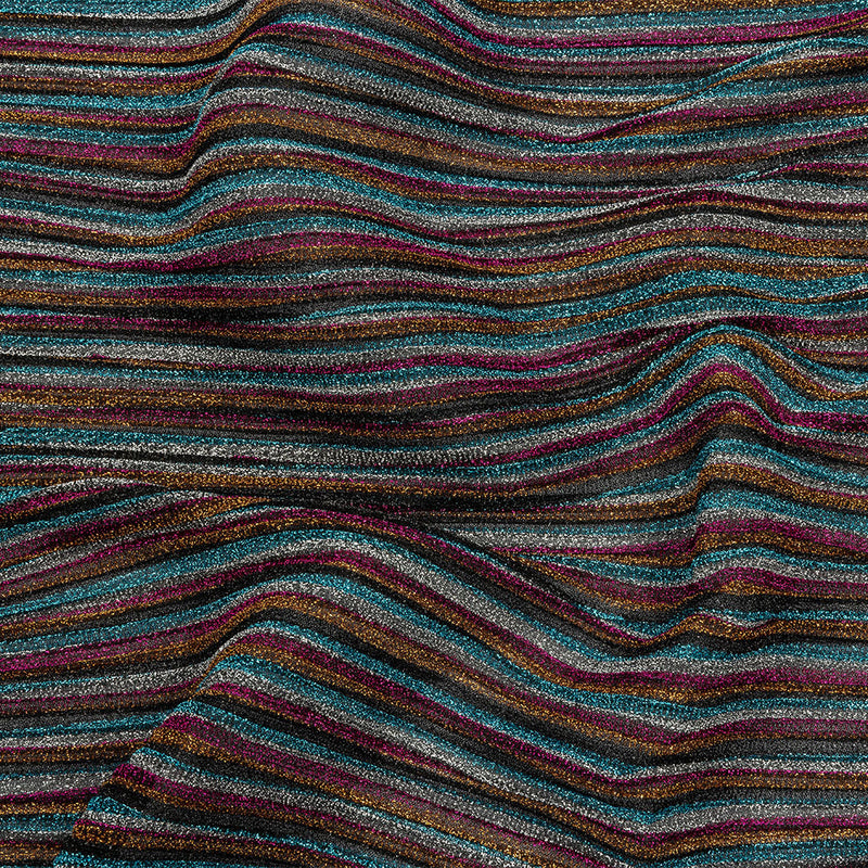 Pleated Polyester Knit - Turquoise, Pink and Silver Metallic Stripes