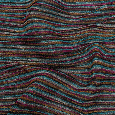 Pleated Polyester Knit - Turquoise, Pink and Silver Metallic Stripes