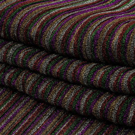 Pleated Polyester Knit - Purple, Green and Red Metallic Stripes