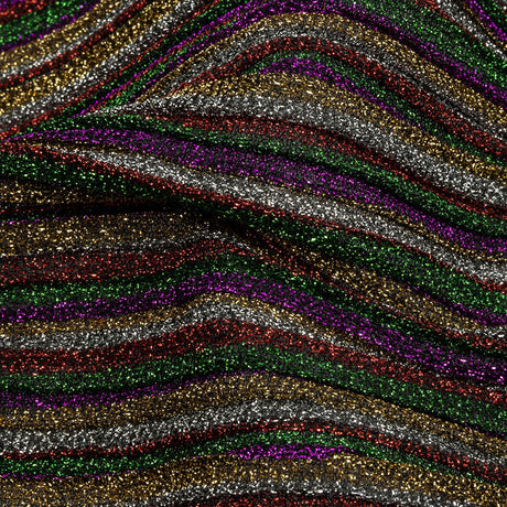 Pleated Polyester Knit - Purple, Green and Red Metallic Stripes