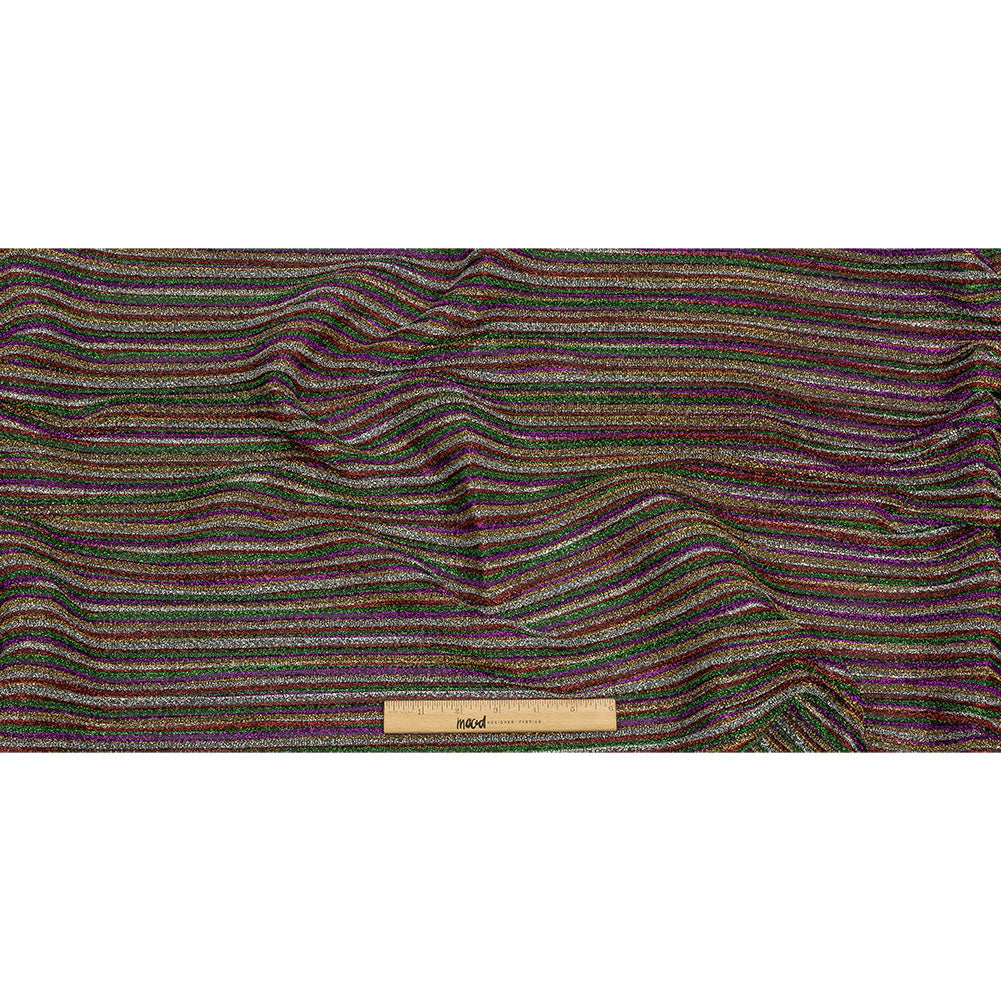 Pleated Polyester Knit - Purple, Green and Red Metallic Stripes
