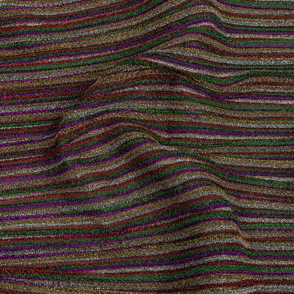 Pleated Polyester Knit - Purple, Green and Red Metallic Stripes