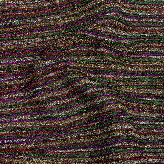 Pleated Polyester Knit - Purple, Green and Red Metallic Stripes