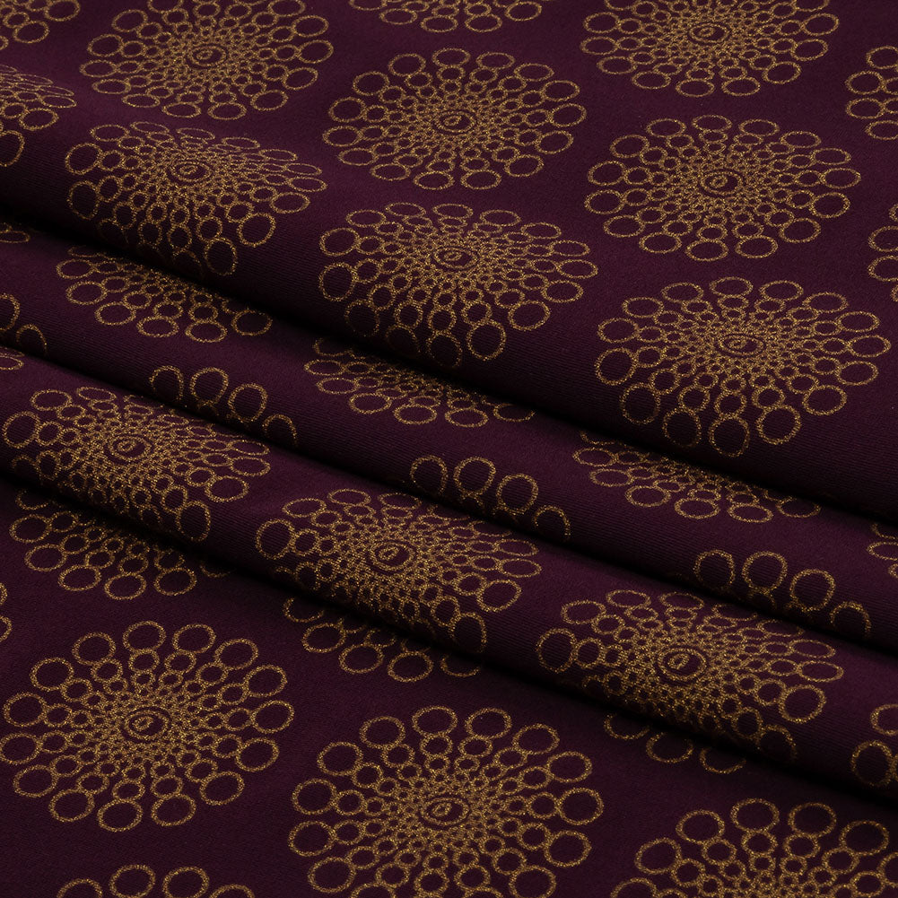 Italian Grape and Metallic Dark Gold Floral Circles Stretch Nylon Jersey