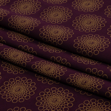 Italian Grape and Metallic Dark Gold Floral Circles Stretch Nylon Jersey