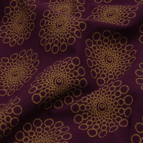 Italian Grape and Metallic Dark Gold Floral Circles Stretch Nylon Jersey