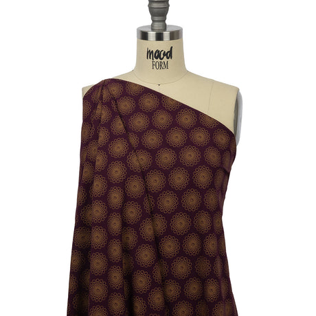 Italian Grape and Metallic Dark Gold Floral Circles Stretch Nylon Jersey