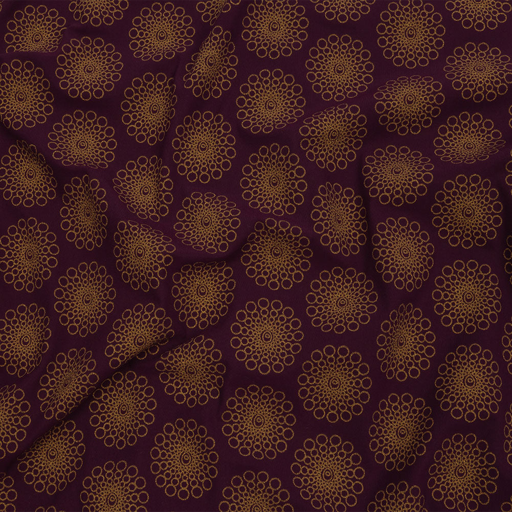 Italian Grape and Metallic Dark Gold Floral Circles Stretch Nylon Jersey