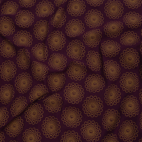Italian Grape and Metallic Dark Gold Floral Circles Stretch Nylon Jersey
