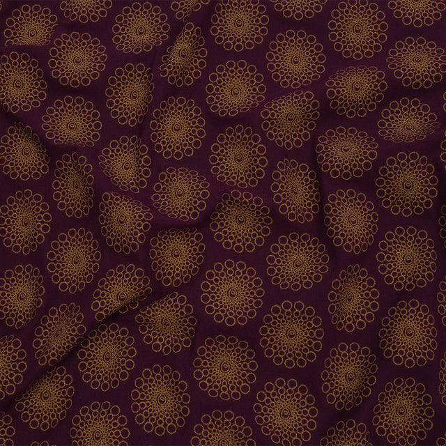 Italian Grape and Metallic Dark Gold Floral Circles Stretch Nylon Jersey
