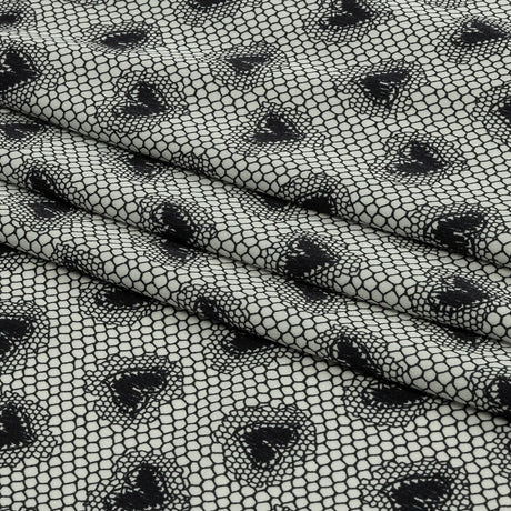 Italian White and Black Lace Hearts Stretch Nylon Jersey