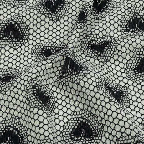 Italian White and Black Lace Hearts Stretch Nylon Jersey