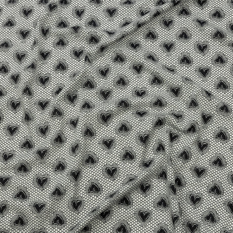 Italian White and Black Lace Hearts Stretch Nylon Jersey
