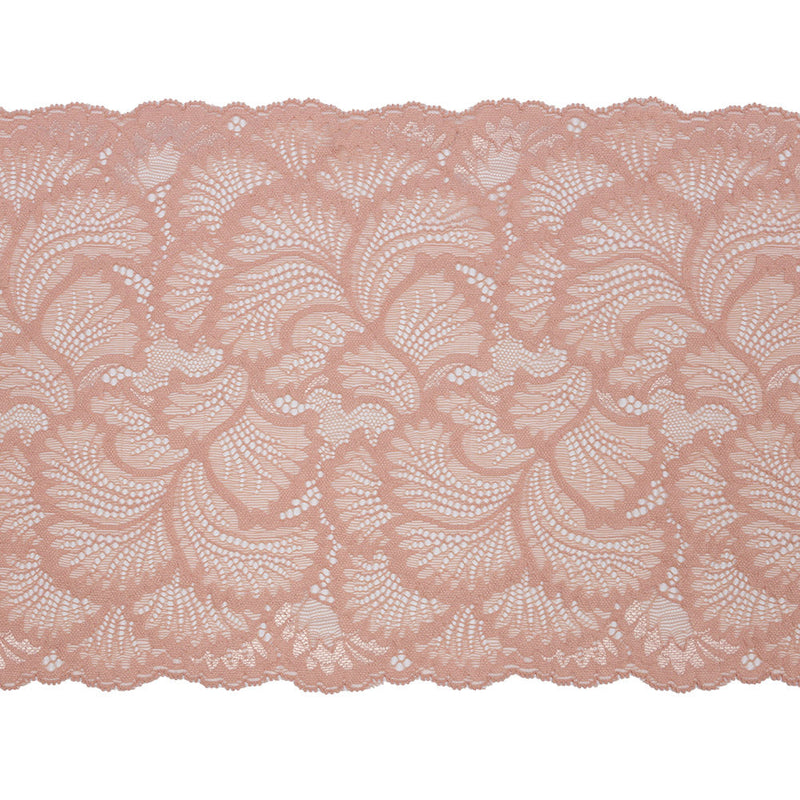 Brut Rose Fanning Leaves Stretch Lace Trim with Scalloped Edges - 9"