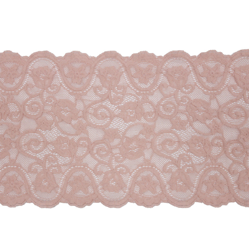 Blush Floral Scrolls Stretch Lace Trim with Scalloped Edges - 6.25"