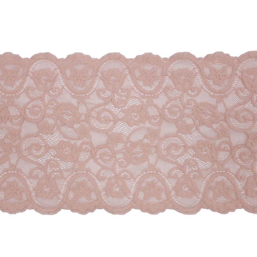 Blush Floral Scrolls Stretch Lace Trim with Scalloped Edges - 6.25"