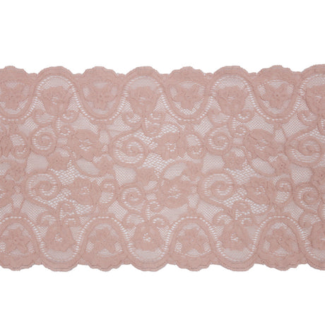 Blush Floral Scrolls Stretch Lace Trim with Scalloped Edges - 6.25"