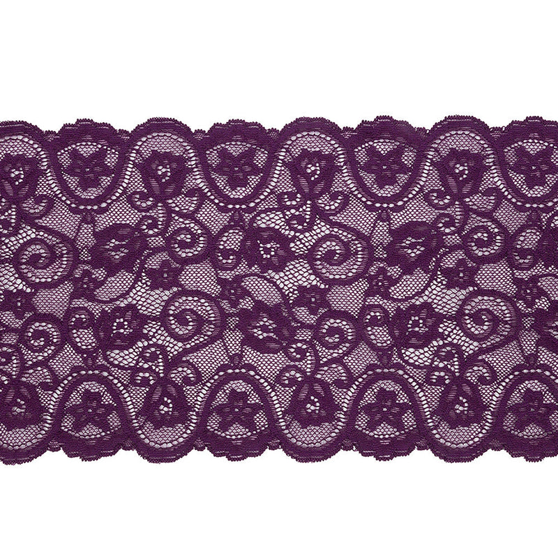 Purple Floral Scrolls Stretch Lace Trim with Scalloped Edges - 6.25"
