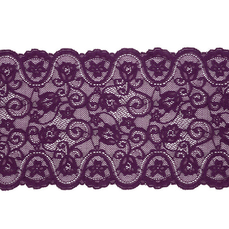 Purple Floral Scrolls Stretch Lace Trim with Scalloped Edges - 6.25"