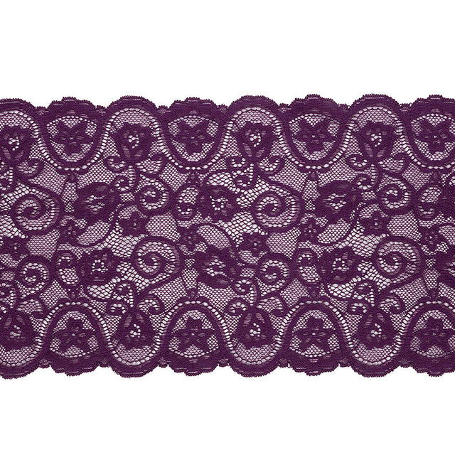 Purple Floral Scrolls Stretch Lace Trim with Scalloped Edges - 6.25"