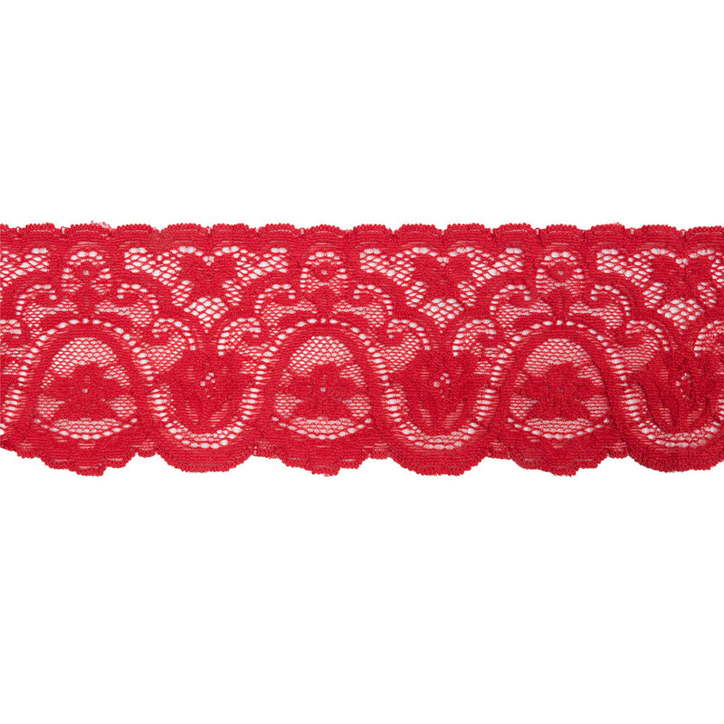 Scarlet Floral Waves Stretch Lace Trim with Scalloped Edges - 2.875"