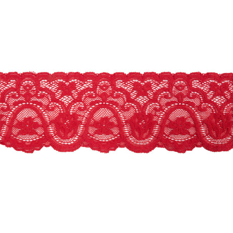 Scarlet Floral Waves Stretch Lace Trim with Scalloped Edges - 2.875"