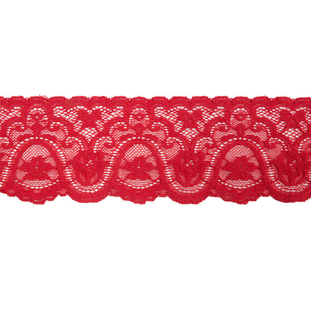 Scarlet Floral Waves Stretch Lace Trim with Scalloped Edges - 2.875"
