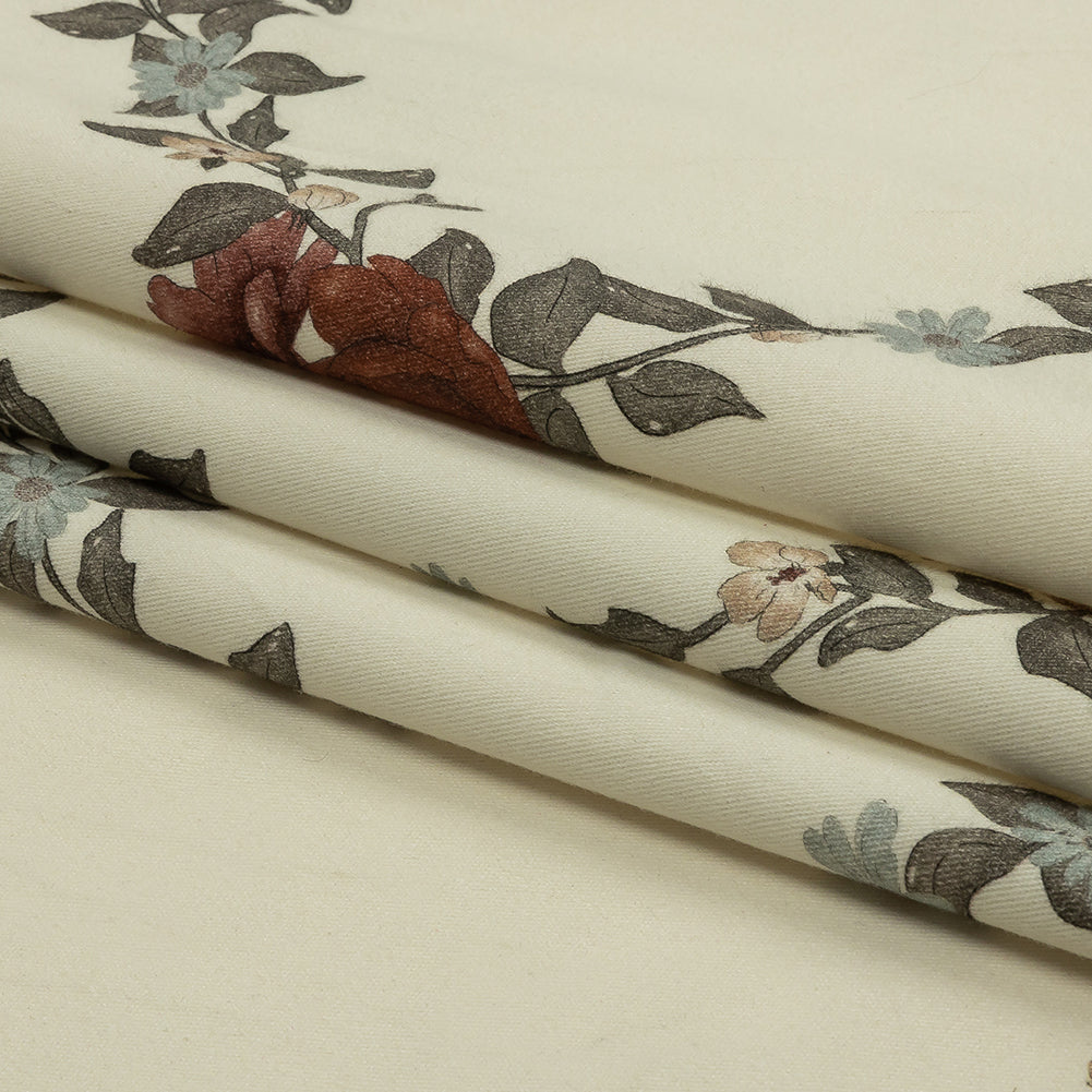 Brushed Stretch Cotton Twill Print - Cream, Green and Red Floral Lattice - Mood Exclusive Rose Above