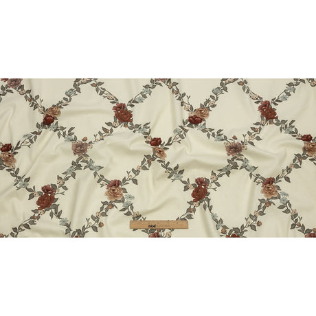 Brushed Stretch Cotton Twill Print - Cream, Green and Red Floral Lattice - Mood Exclusive Rose Above