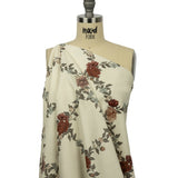 Brushed Stretch Cotton Twill Print - Cream, Green and Red Floral Lattice - Mood Exclusive Rose Above