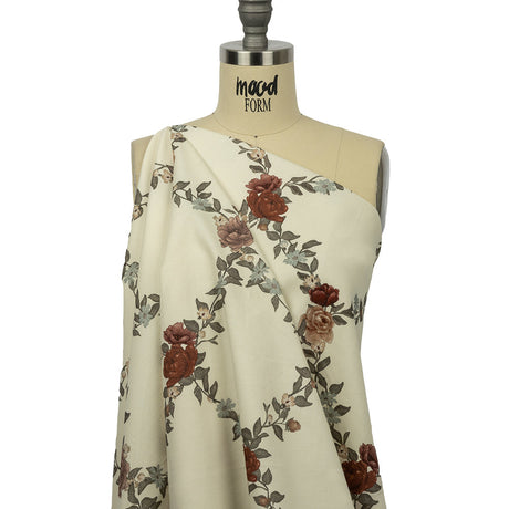 Brushed Stretch Cotton Twill Print - Cream, Green and Red Floral Lattice - Mood Exclusive Rose Above
