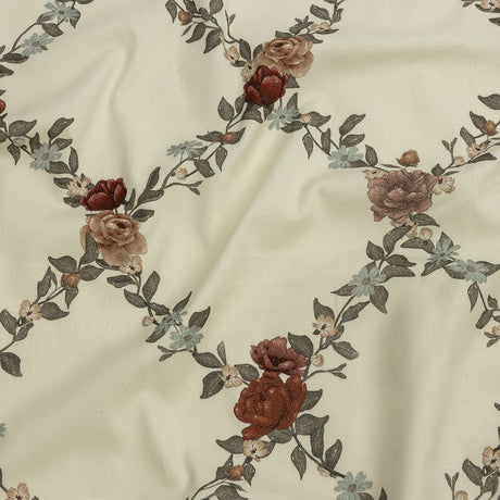 Brushed Stretch Cotton Twill Print - Cream, Green and Red Floral Lattice - Mood Exclusive Rose Above