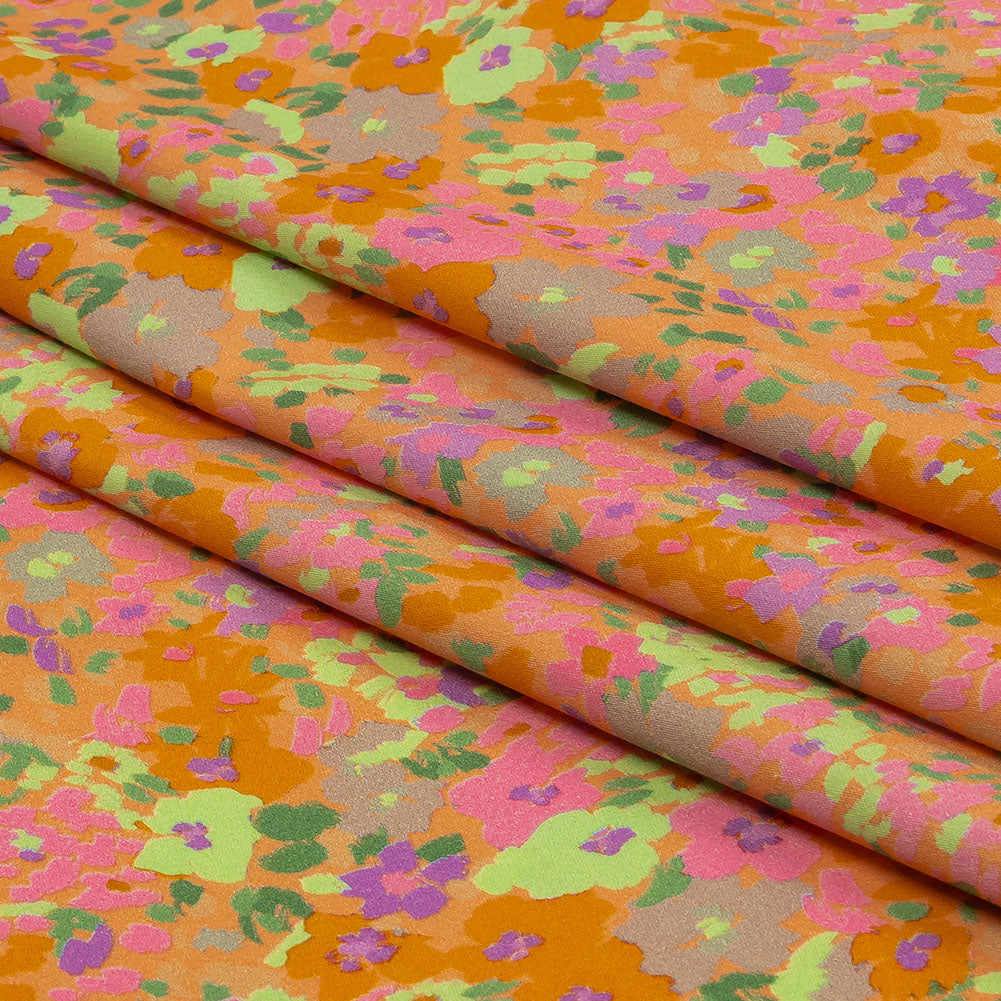 Stretch Cotton and Viscose Sateen Print - Pink and Orange Floral - Mood Exclusive Sunburst