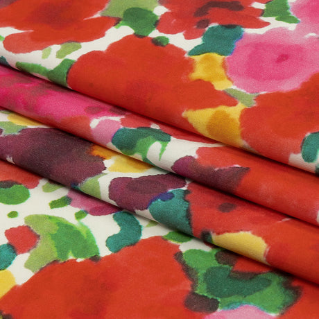 Stretch Cotton and Viscose Sateen Print - Red, Yellow and Green Painterly Floral - Mood Exclusive Spring Afternoon