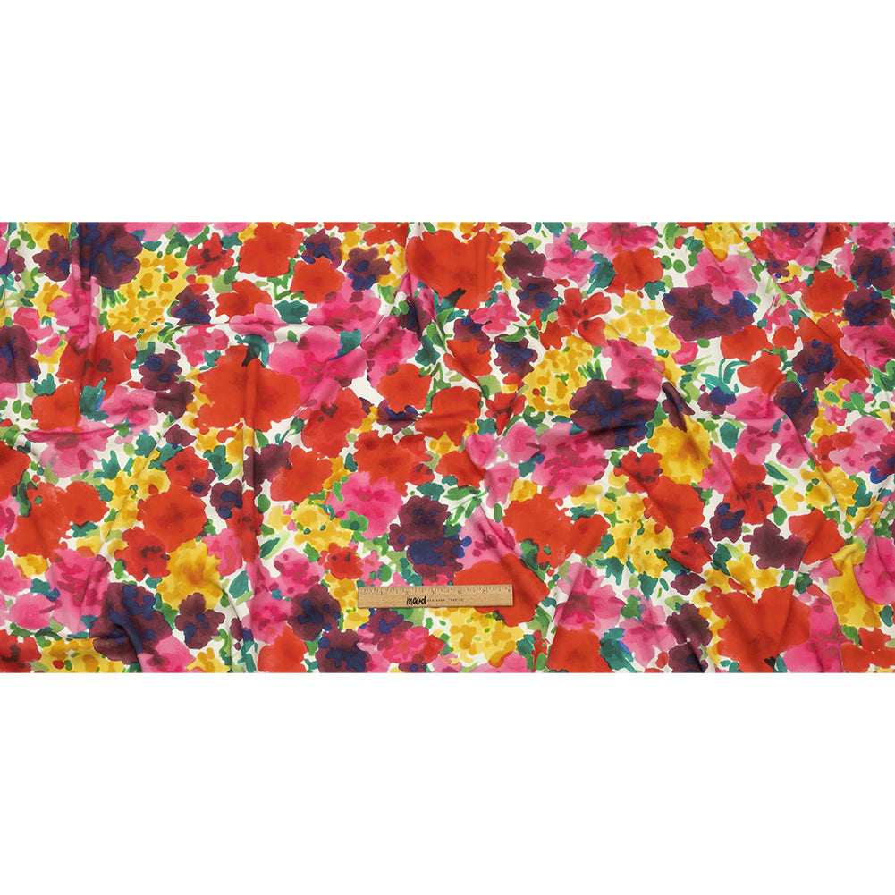 Stretch Cotton and Viscose Sateen Print - Red, Yellow and Green Painterly Floral - Mood Exclusive Spring Afternoon