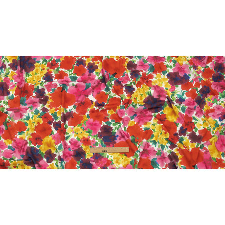 Stretch Cotton and Viscose Sateen Print - Red, Yellow and Green Painterly Floral - Mood Exclusive Spring Afternoon