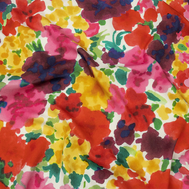Stretch Cotton and Viscose Sateen Print - Red, Yellow and Green Painterly Floral - Mood Exclusive Spring Afternoon
