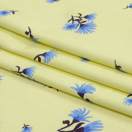 Stretch Cotton and Viscose Sateen Print - Pale Yellow and Blue Floral - Mood Exclusive Daisy Dance