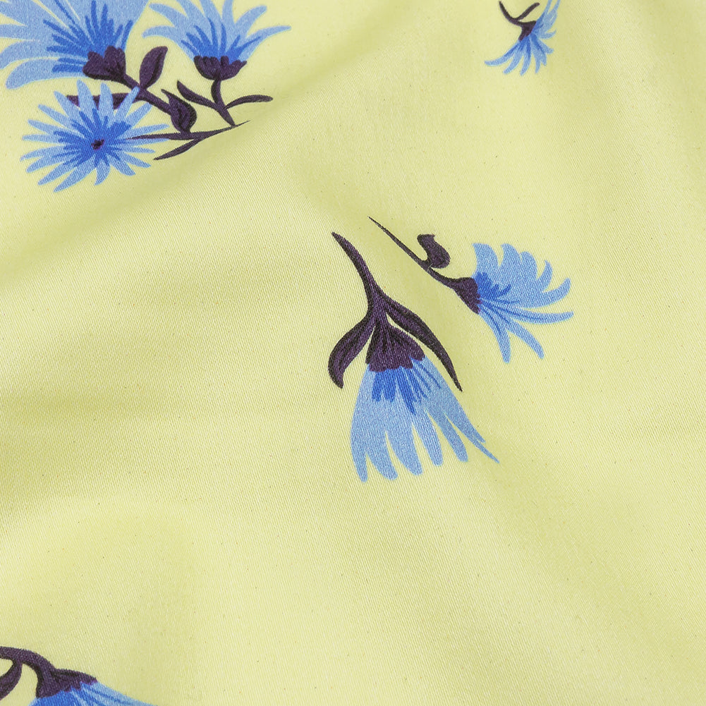 Stretch Cotton and Viscose Sateen Print - Pale Yellow and Blue Floral - Mood Exclusive Daisy Dance
