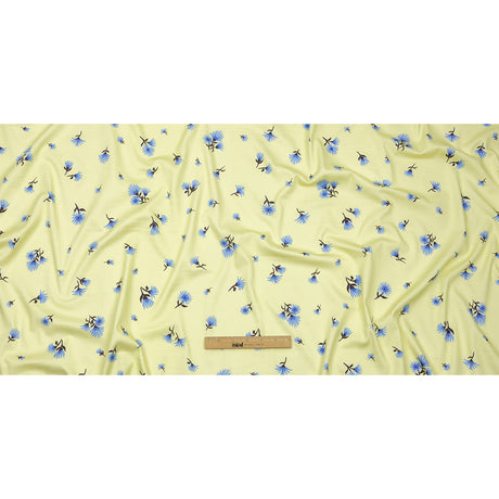 Stretch Cotton and Viscose Sateen Print - Pale Yellow and Blue Floral - Mood Exclusive Daisy Dance