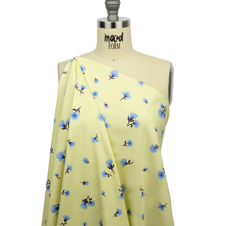 Stretch Cotton and Viscose Sateen Print - Pale Yellow and Blue Floral - Mood Exclusive Daisy Dance